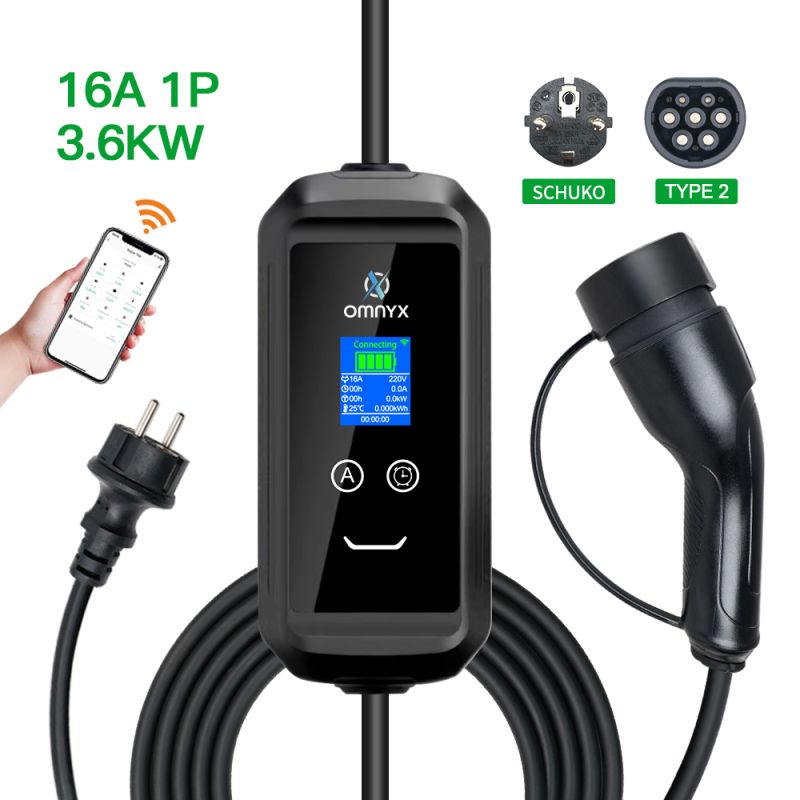 Cestovní nabíjecí stanice pro elektromobily do běžné zásuvky - 3,6 KW, Type 2, Bluetooth, WiFi, 5m, mobilní aplikace